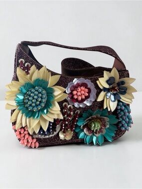 New Deep Burgundy Beaded Floral Statement Shoulder Bag